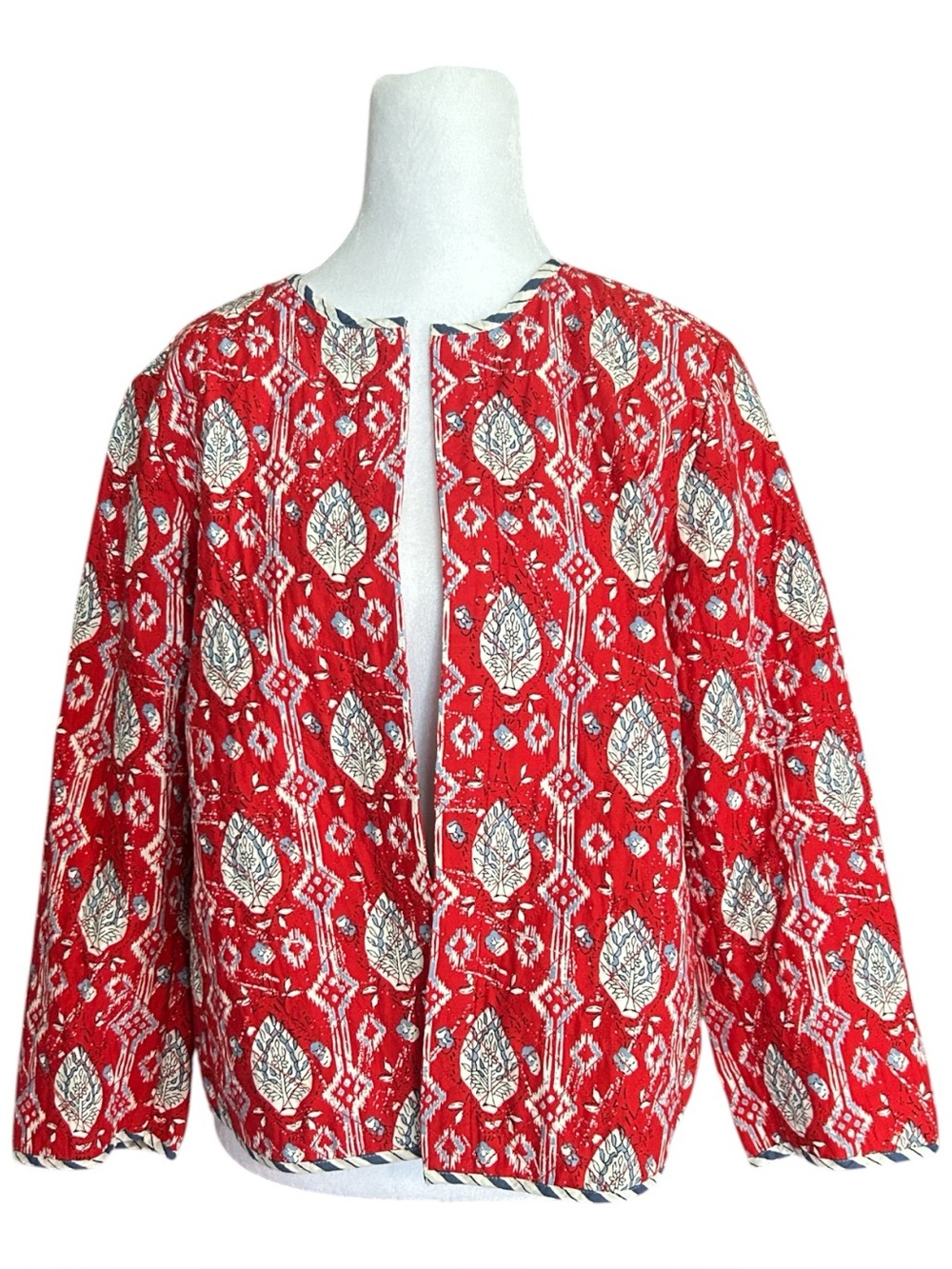 J. Jill Red Quilted Jacket S Small Mixed Print Open Front Cotton Boho Cardigan